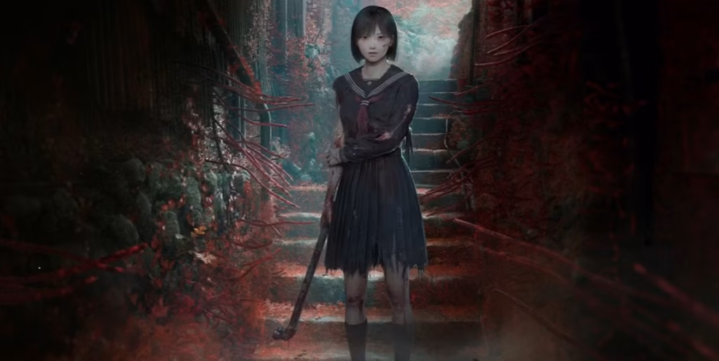 silent hill silent hill f screenshot showing a young girl holding a pipe