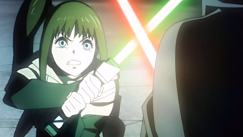 star wars a female jedi wields a green lightsaber against someone using a red lightsaber in star wars visions the ninth jedi 1