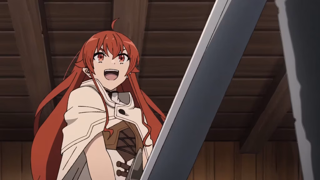 mushoku Tensei mushoku tensei jobless reincarnation eris greyrat wears a big smile holding a large sword