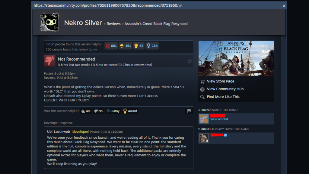 Ubisoft répond aux spams en répondant aux avis négatifs de Steam sur Black Flag Resynced Black Flag Resynced